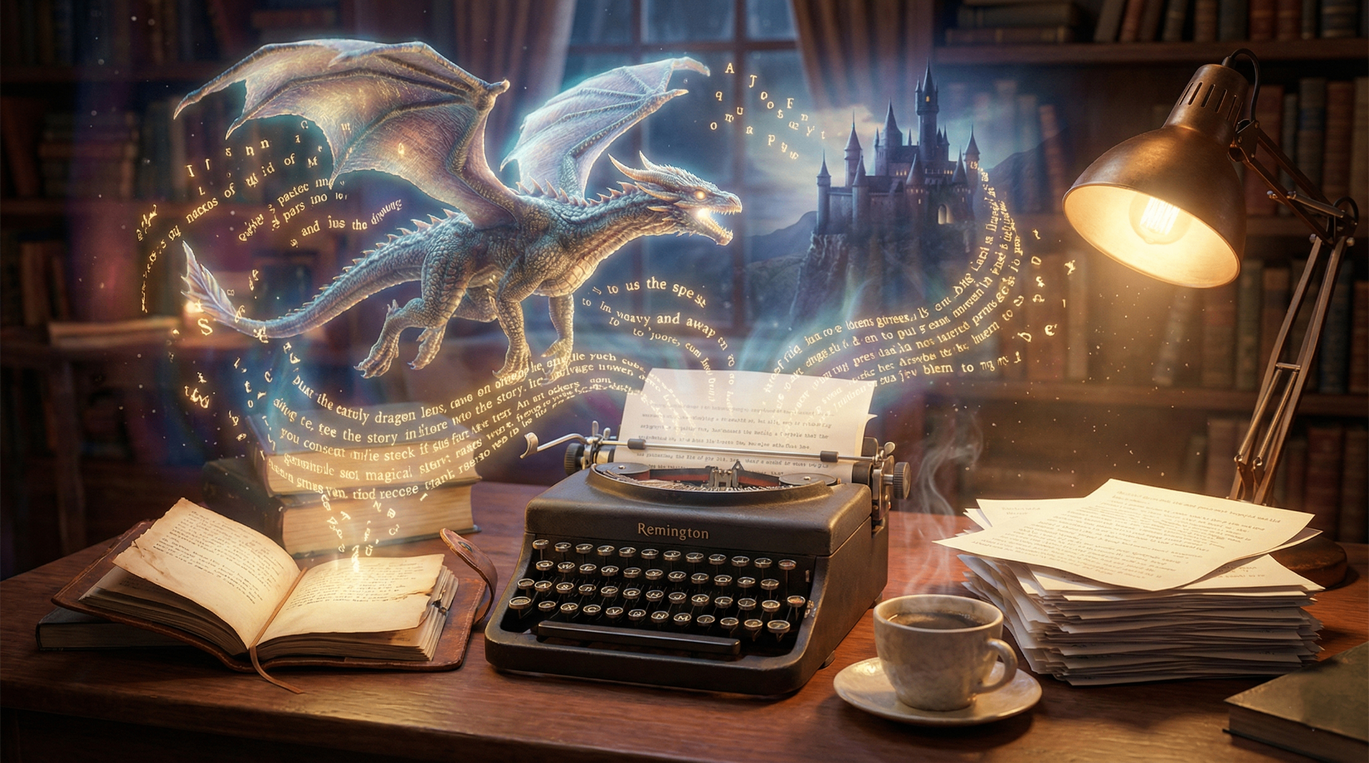 Writer's imagination coming to life with dragons and castles